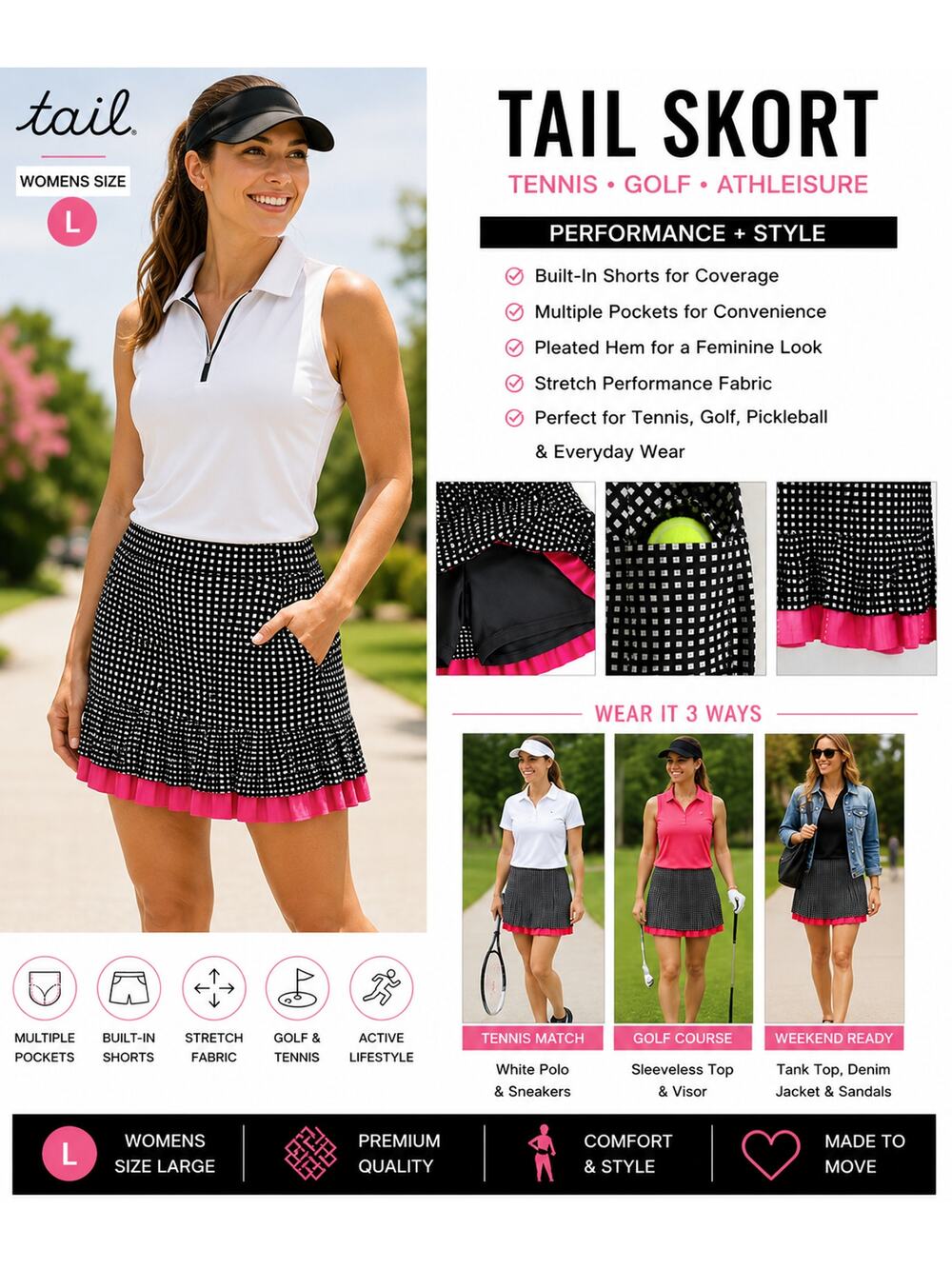Tail Black & Pink Polka Dot Tennis Skort